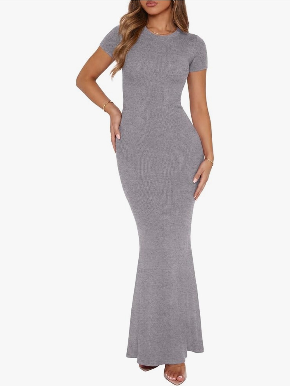 REORIA Women's Short Sleeve Crew Neck Ribbed Bodycon Maxi Dress SKIMS Dupe